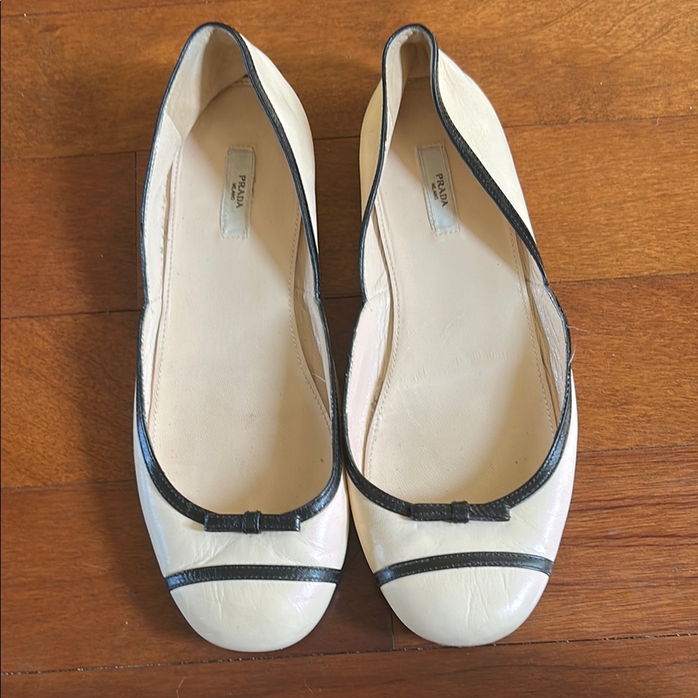 Prada Women's Two-Tone Cream and Black Ballet Flats